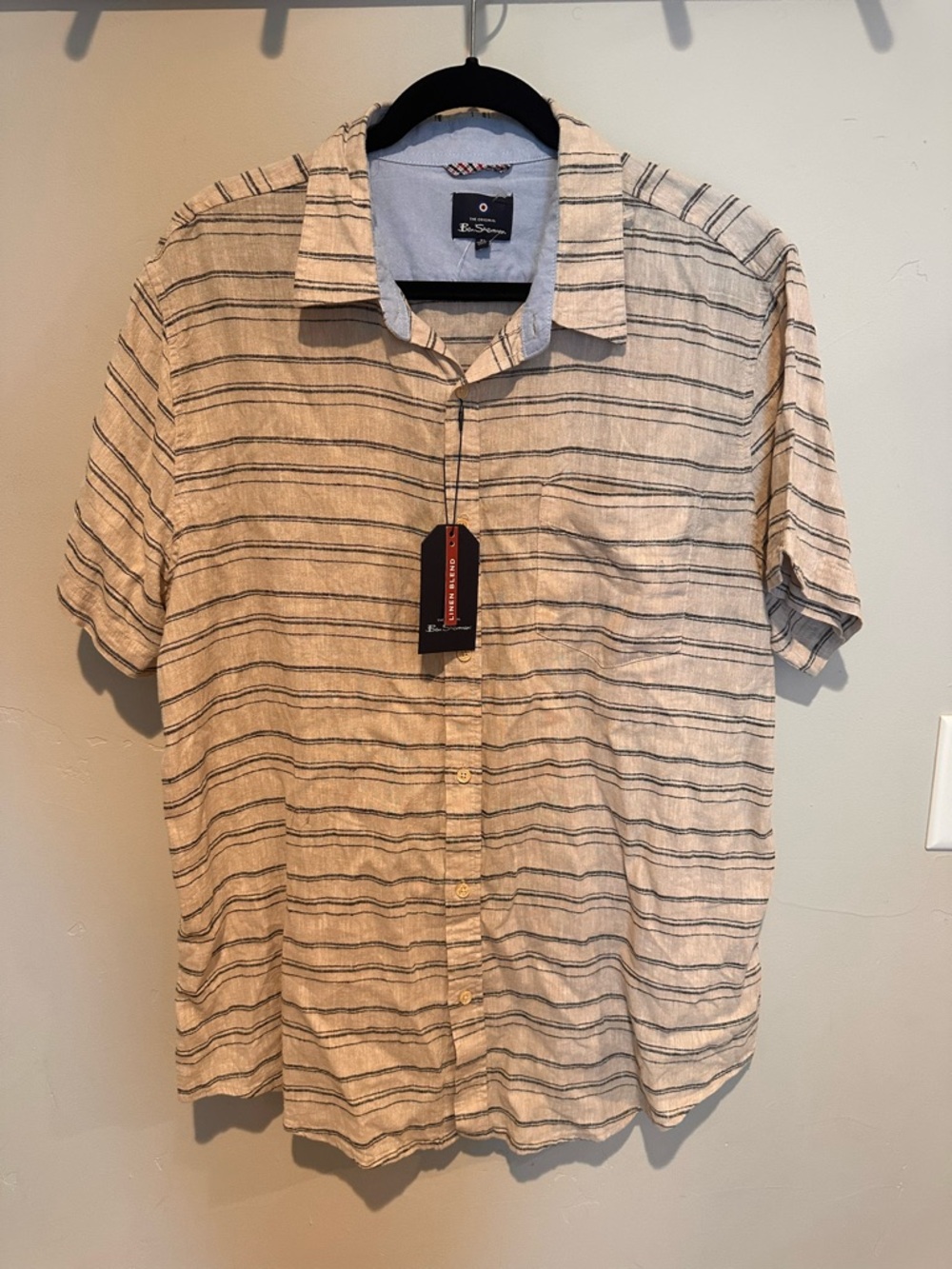 Ben Sherman Beige Linen Blend Short-Sleeve Button-Down with Black Stripes